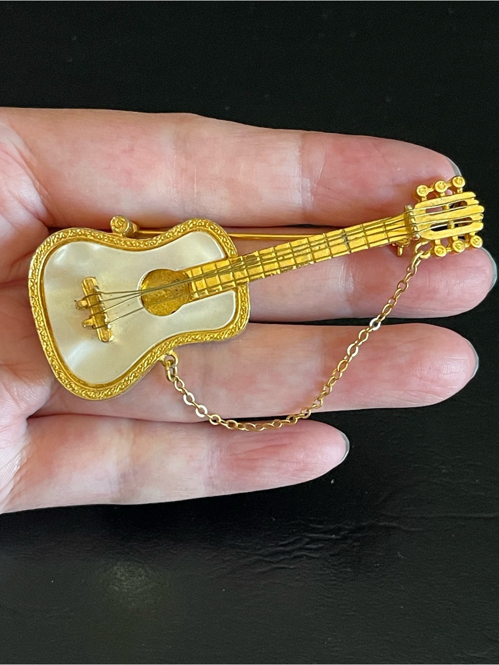 Vintage Robert Mandle Gold Tone Guitar Brooch with Mother-of-Pearl Inlay